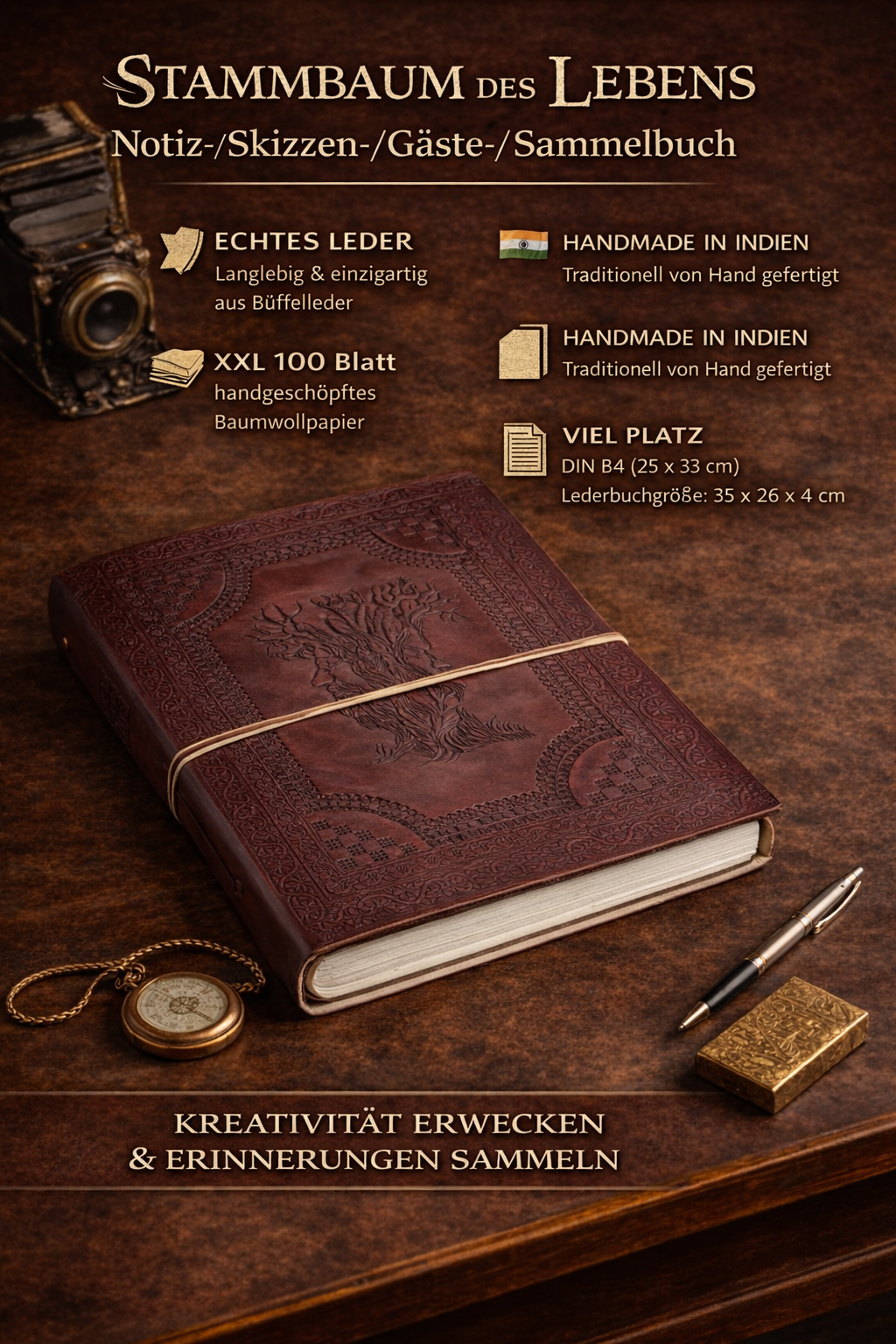 Árbol genealógico Familia XXL Cuero Días- Nota- Esbozos- Libro de visitas Vintage India