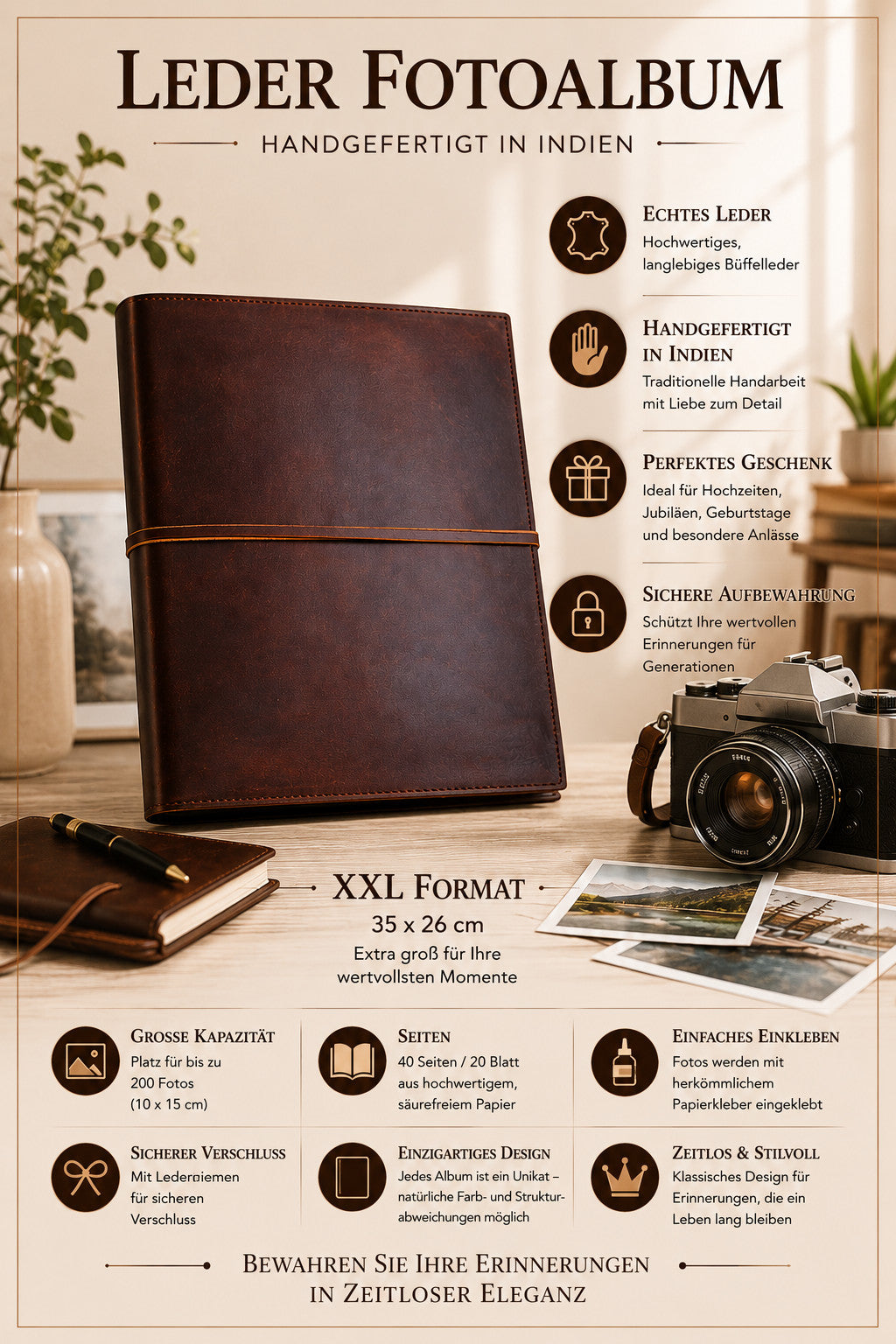 Álbum de Fotos de Couro Clássico da Índia XXL Feito à Mão Vintage Família