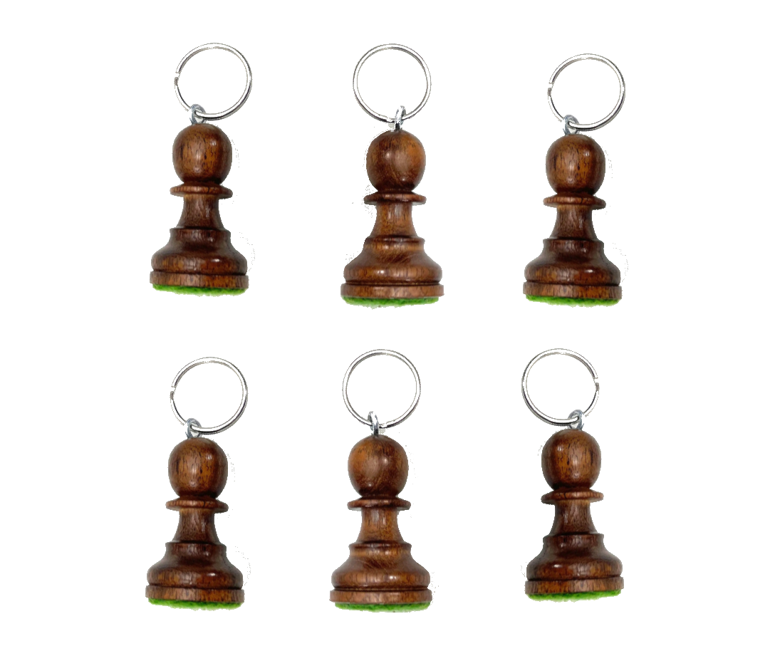6x Chaveiros de madeira de acácia verdadeira peça de xadrez feita à mão da Índia