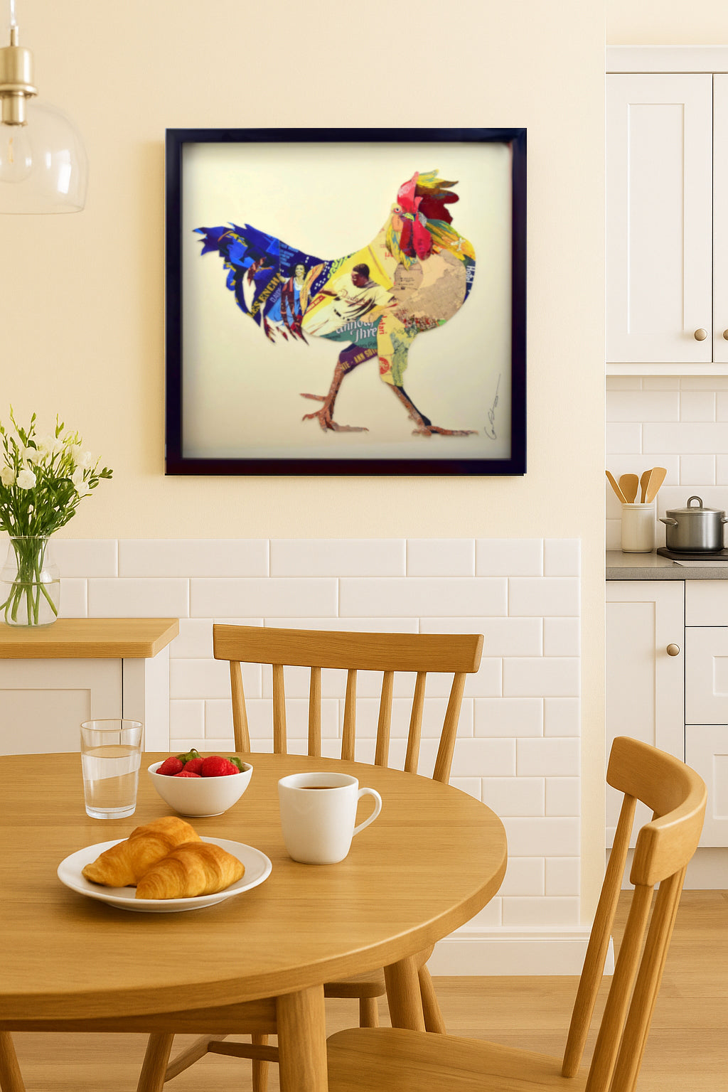 Collage de arte 3D enmarcado a mano, imagen de pared de gallo, lino de cocina.