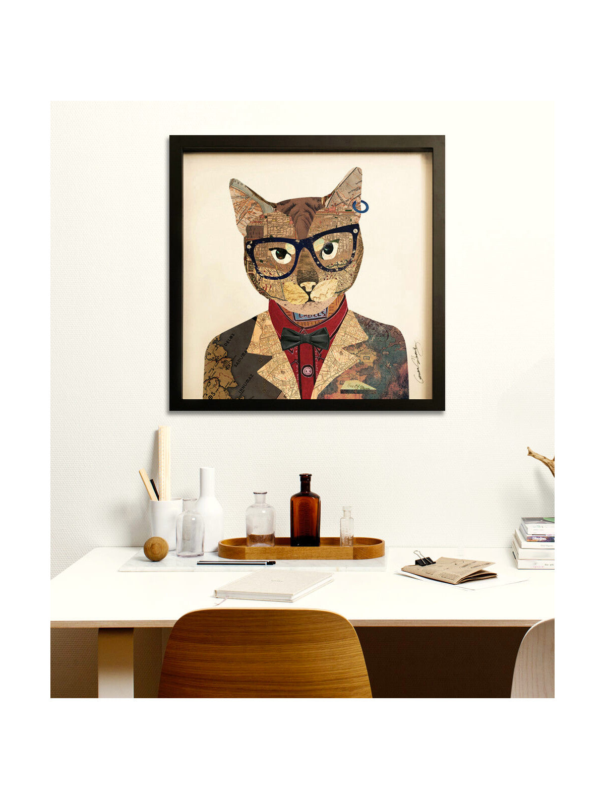 Cadre d'art mural 3D * Collage main œuvre chat lunettes costume salon
