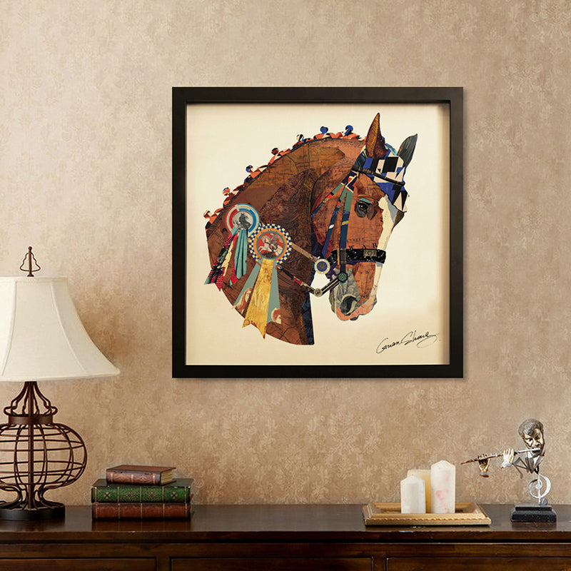 Handarbeit 3D Collage Kunst Frame Art Bild Wandbild Pferd Reiten Wohnzimmer