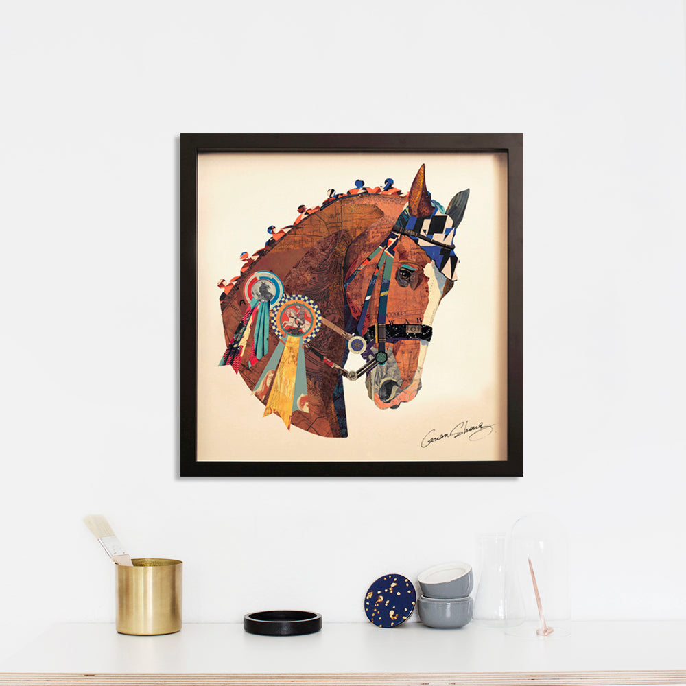 Handarbeit 3D Collage Kunst Frame Art Bild Wandbild Pferd Reiten Wohnzimmer