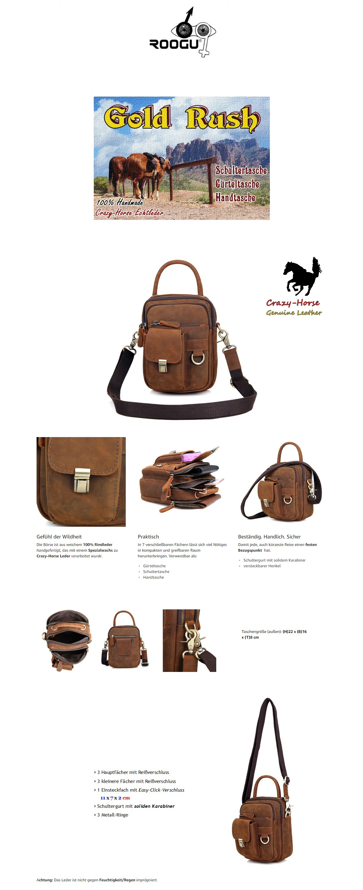 Multifunktional Leder- Hand- Gürtel- Schultertasche für Herren Handmade