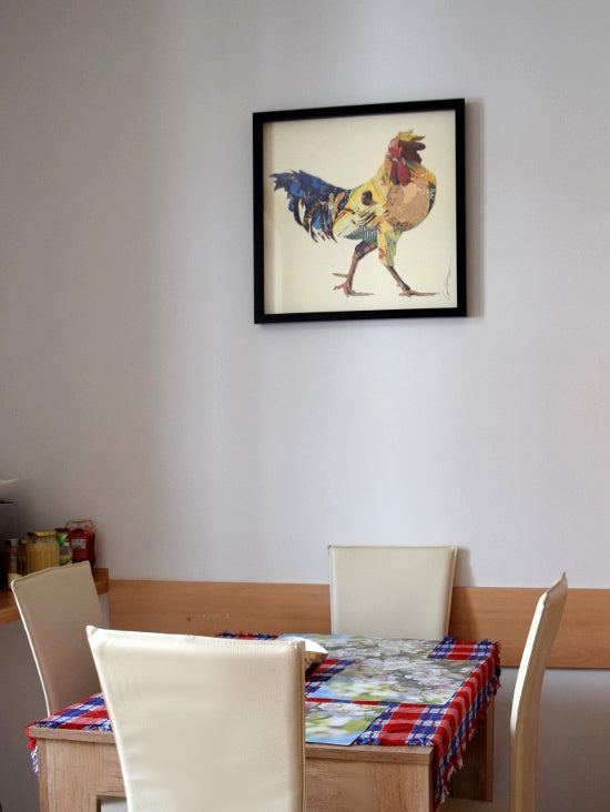 Handarbeit 3D Collage Kunst Frame Art Wand Bild Hahn Gockel Lein Küche
