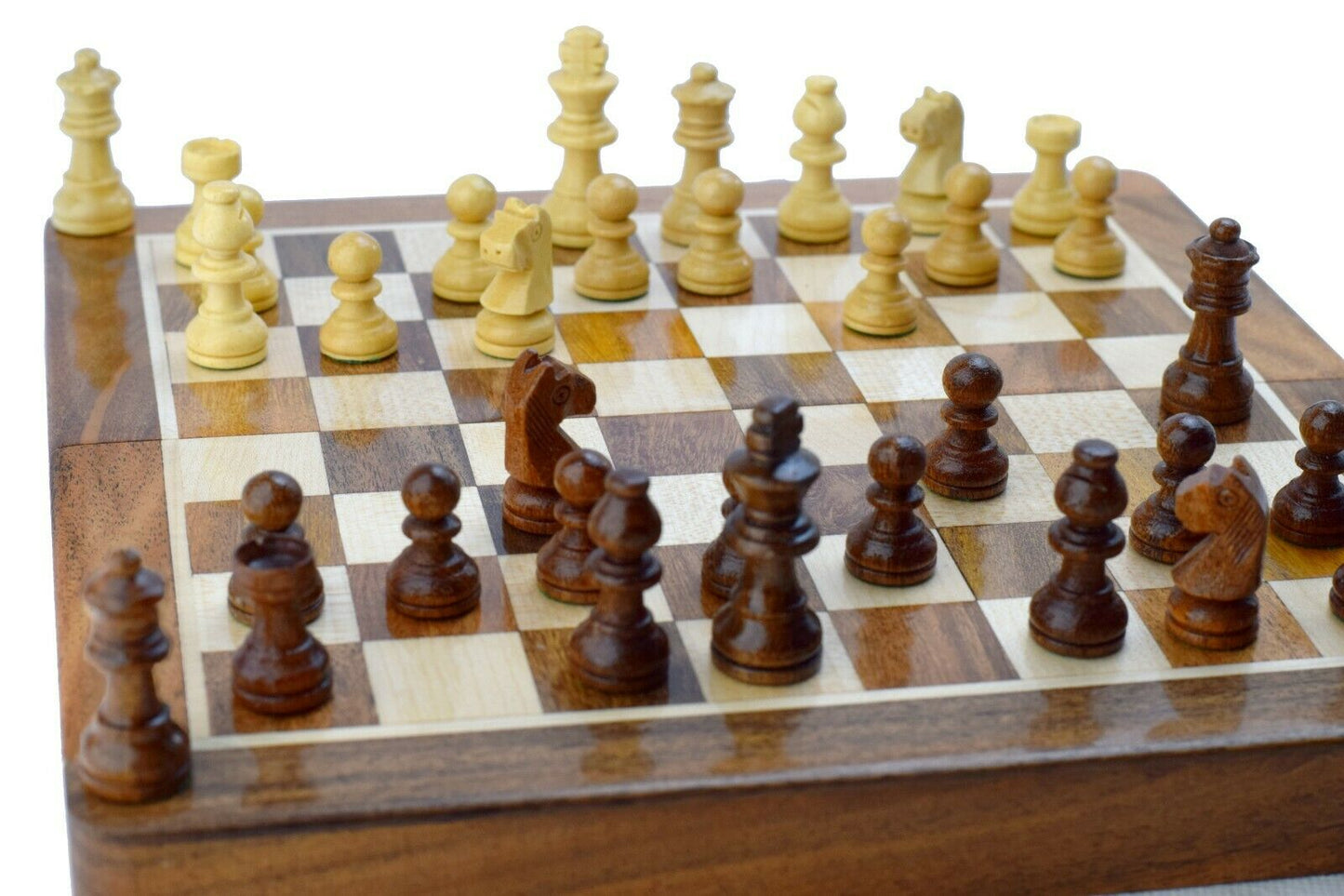 ROOGU Magnetic Chess Set Handmade India Acacia Wood Boxwood Chess Board 10'' Pieces 1.75'' KH