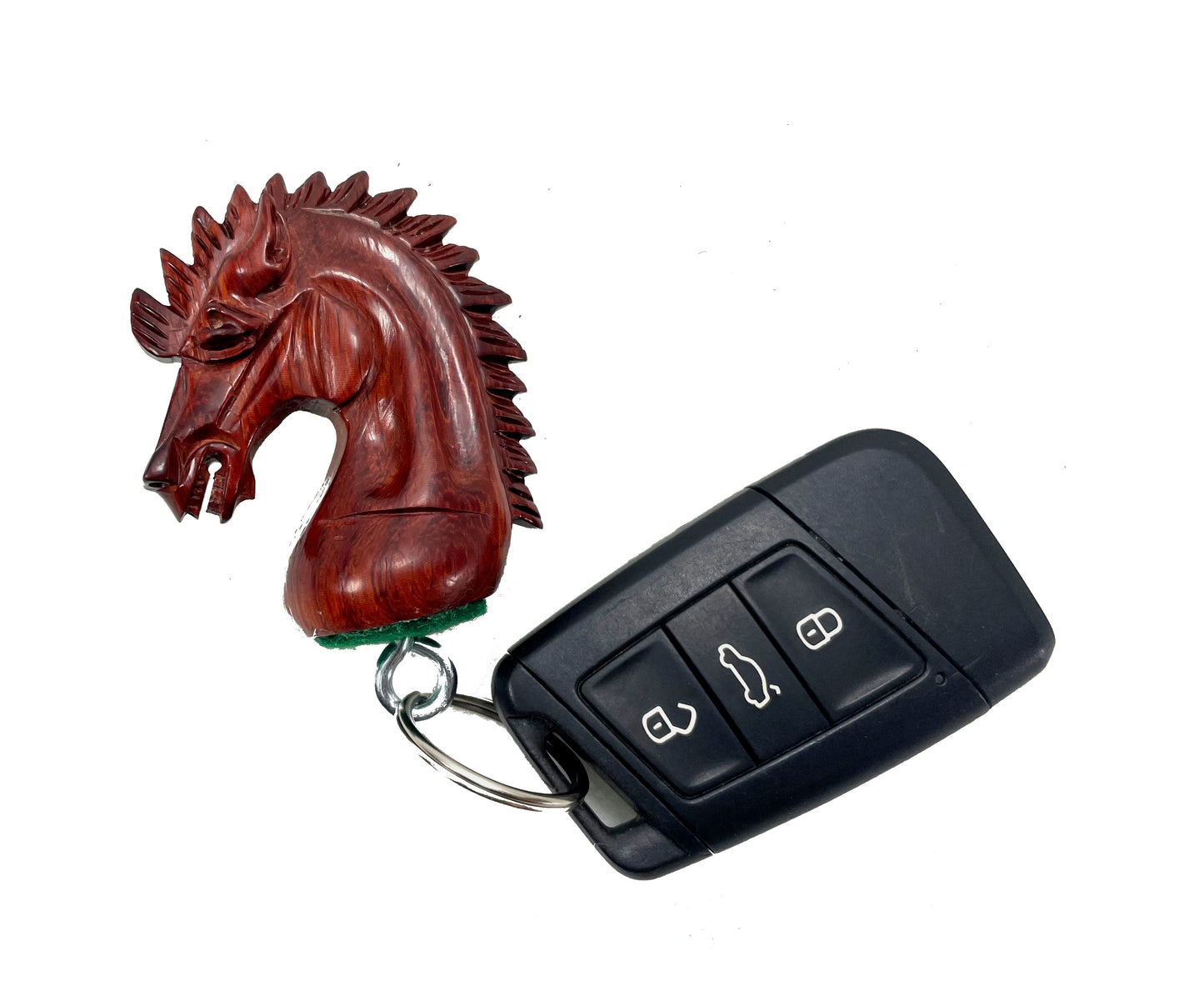 Portachiavi in legno di padauk vero, figura di scacchi Kangi, cavallo alato dell'India.