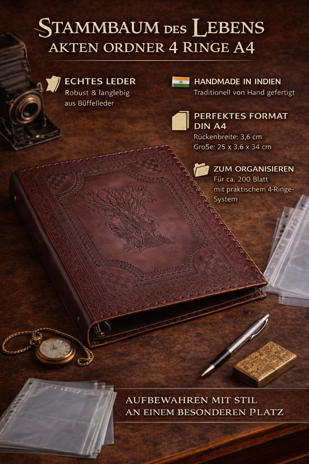 Drzewo genealogiczne życia Akta Folder 4 Pierścienie A4 Prawdziwe skóry Handmade Indie