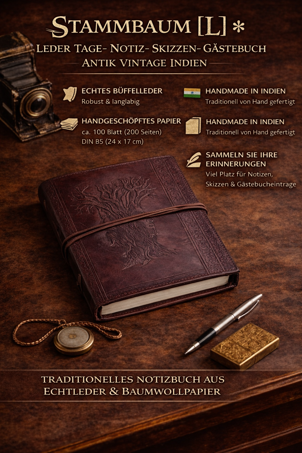 Albero Genealogico * Diario Pelle Quaderno Taccuino Libro degli Ospiti Antico Vintage Fatto Mano India Famiglia