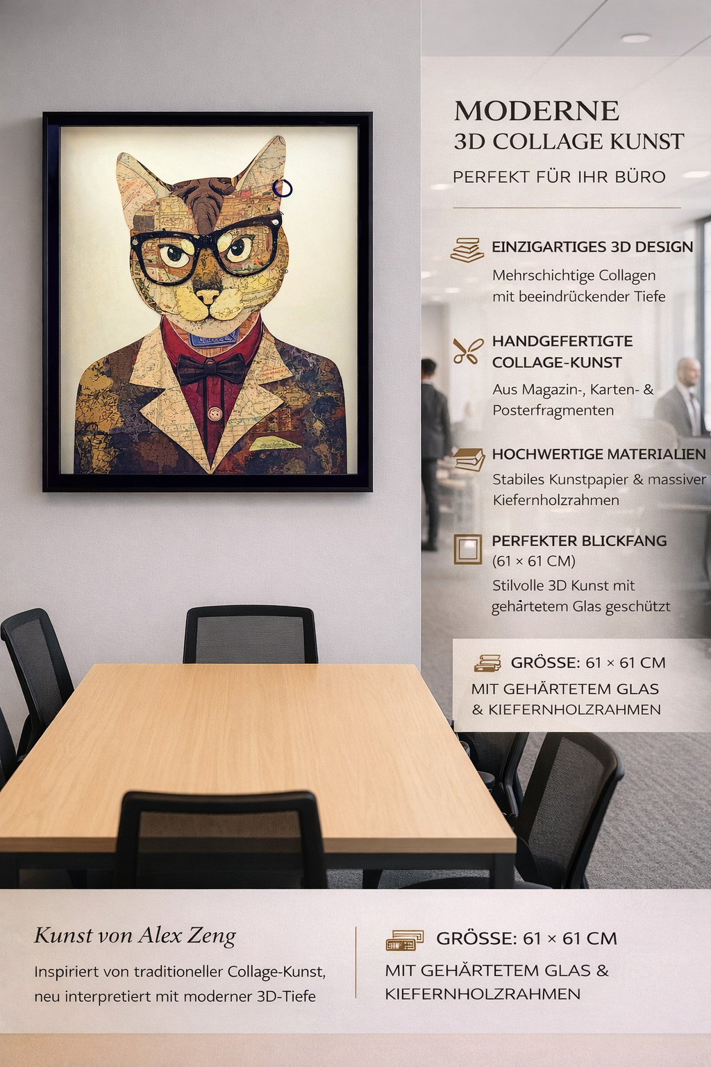 ROOGU Collage 3D Wall Picture Image Cat Glasses Earring Bow Tie Living Room Office