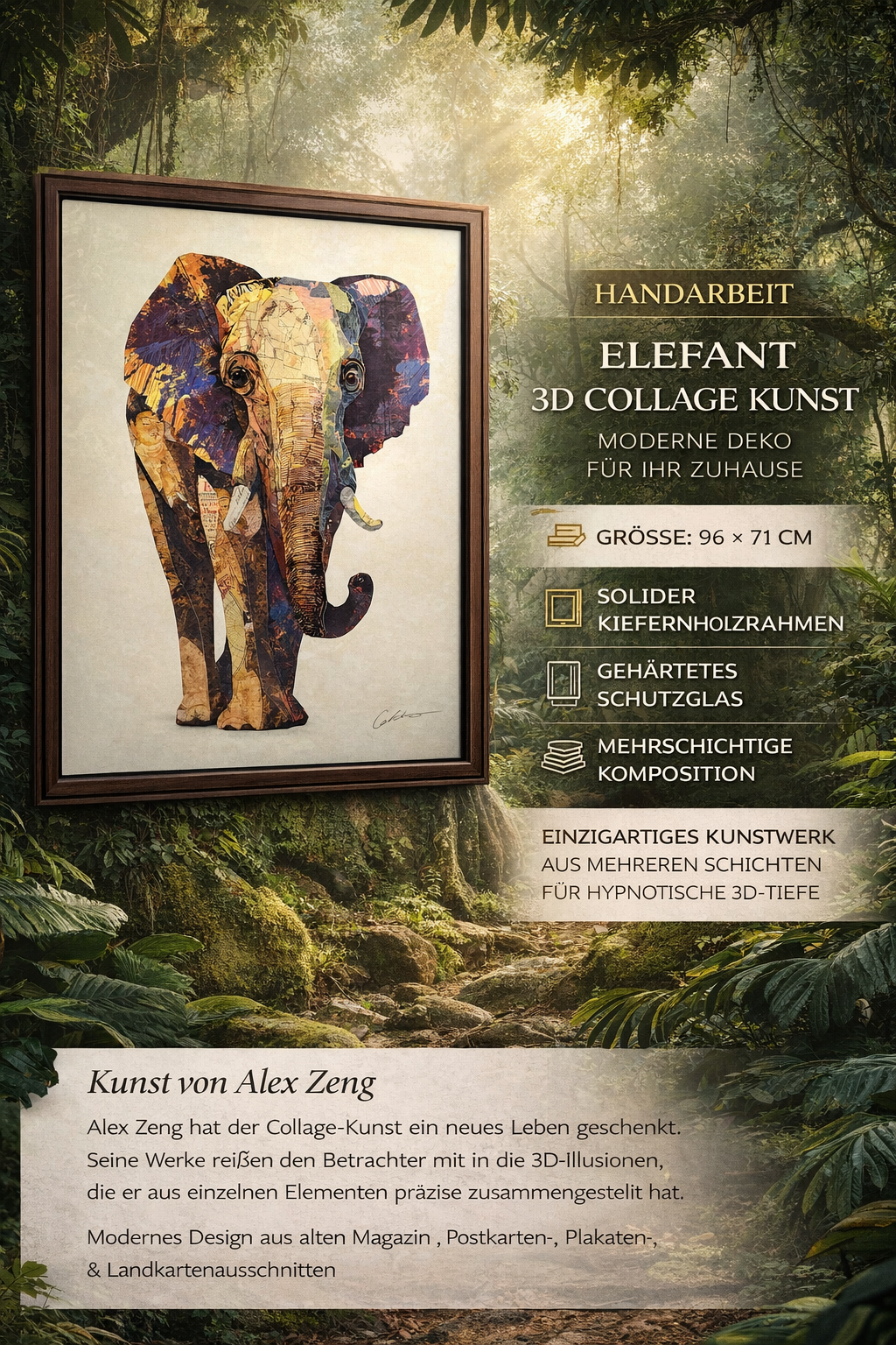 ROOGU Elephant's Memory Wall Picture Framed 3D Art Collage Living India Africa Exotic Framed