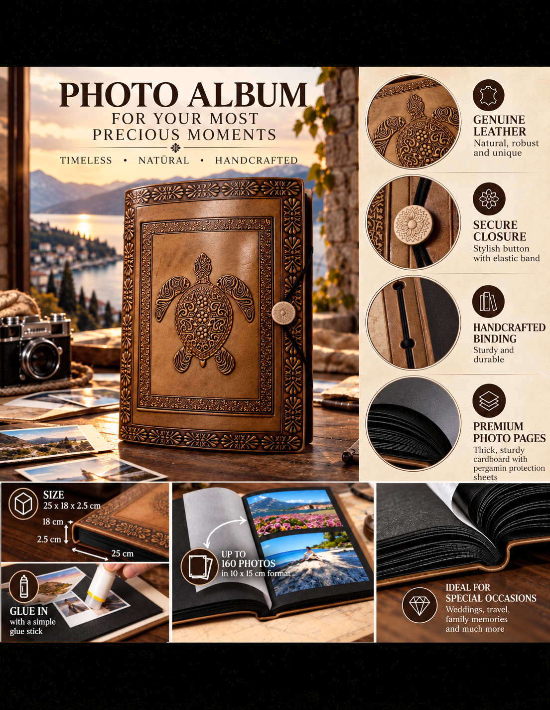 Álbum de fotos Dulces Recuerdos Aparato de páginas negras Hecho a mano Cuero India