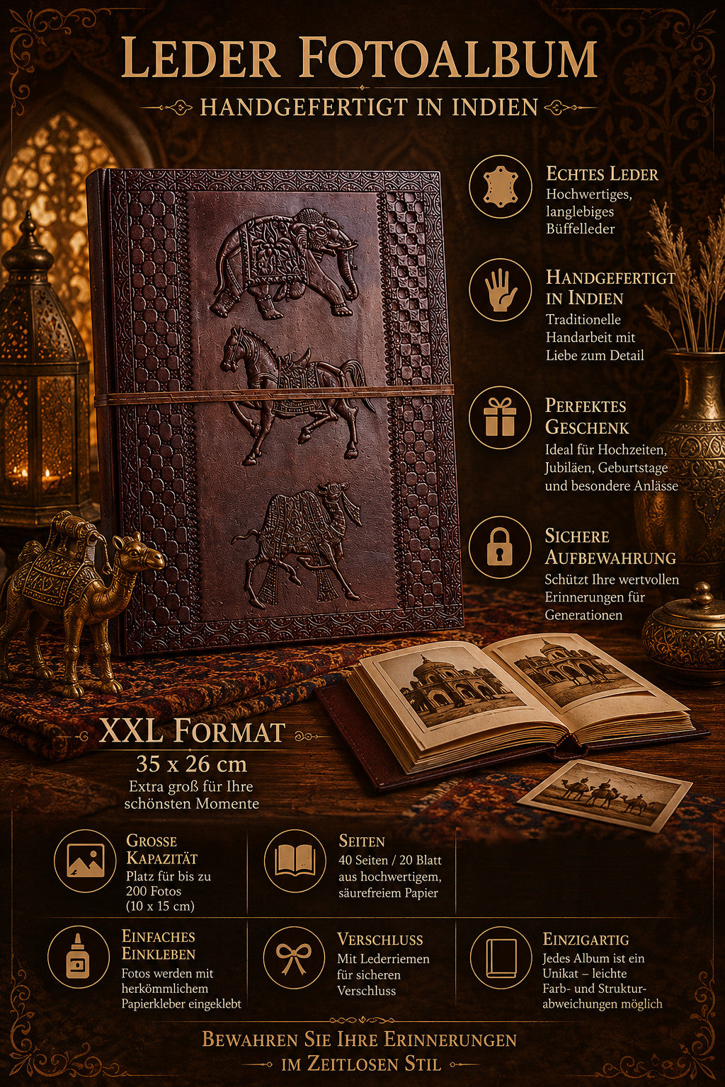 ROOGU The Golden Age Photo Album XXL India Vintage Leather Black Pages Elephant Camel