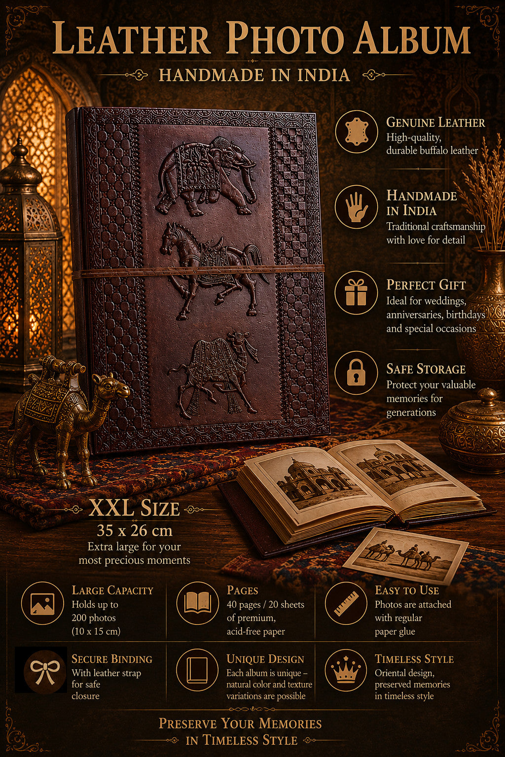 ROOGU The Golden Age Photo Album XXL India Vintage Leather Black Pages Elephant Camel