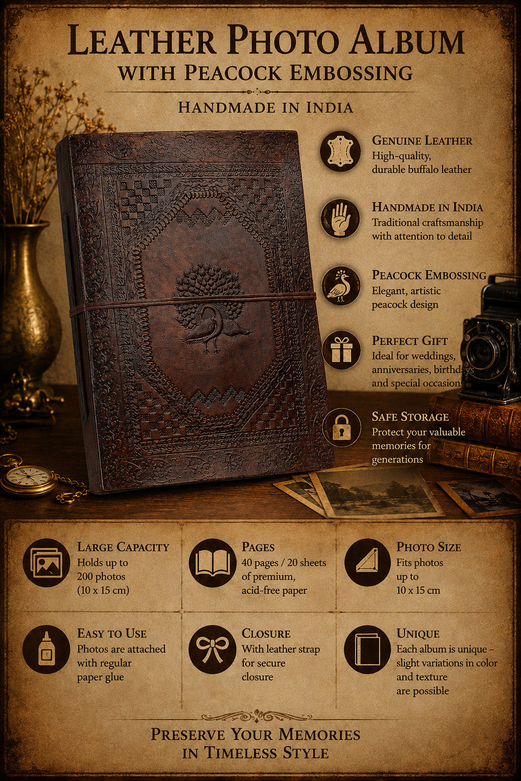The Flame of Life * Buffalo Leather Photo Album Peacock Vintage Black Pages Handmade