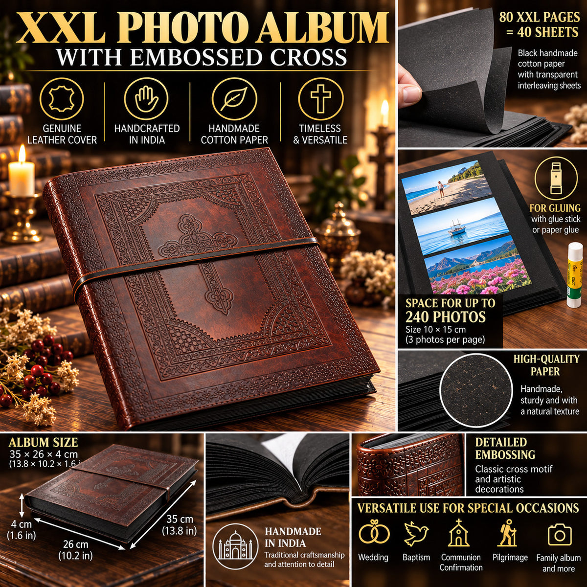 Cruz Álbum de Fotos XXL 35x26 cm Cuero Genuino Vintage Hecho a Mano India Iglesia Fe Religión Biblia