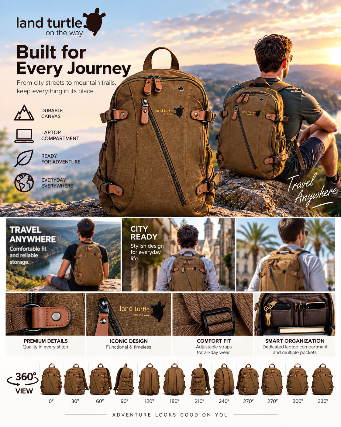 Tortuga terrestre * Mochila para Mujer Hombre 25l Ciudad Escuela Universidad Trabajo Compartimento para computadora portátil