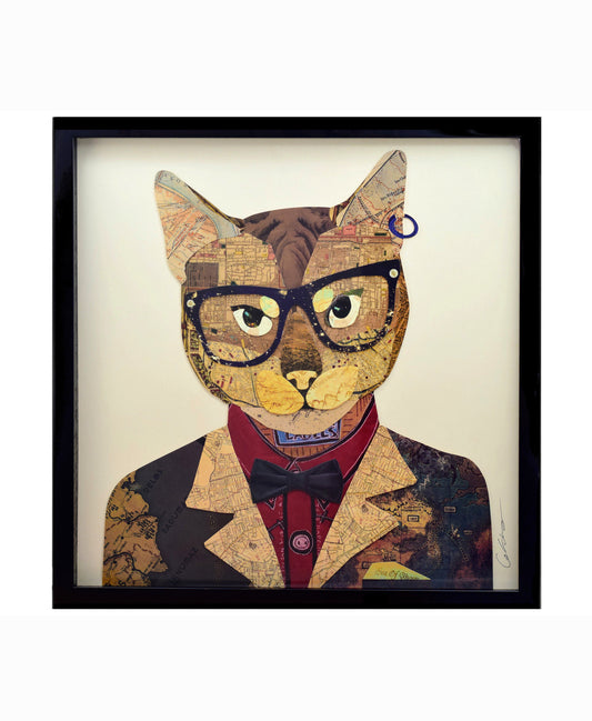 Cadre d'art mural 3D * Collage main œuvre chat lunettes costume salon