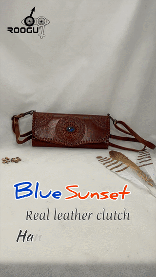 Carica l&#39;immagine nel visualizzatore della galleria, ROOGU Blue Sunset *  Clutch Umhänge- Abend- Handtasche Geldbörse Echtleder Handmade Indien 
