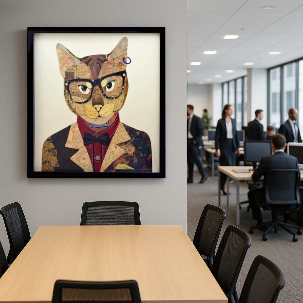 Handarbeit 3D * Collage Frame Kunst Bild Wand Lein Katze Brille Anzug Wohnzimmer