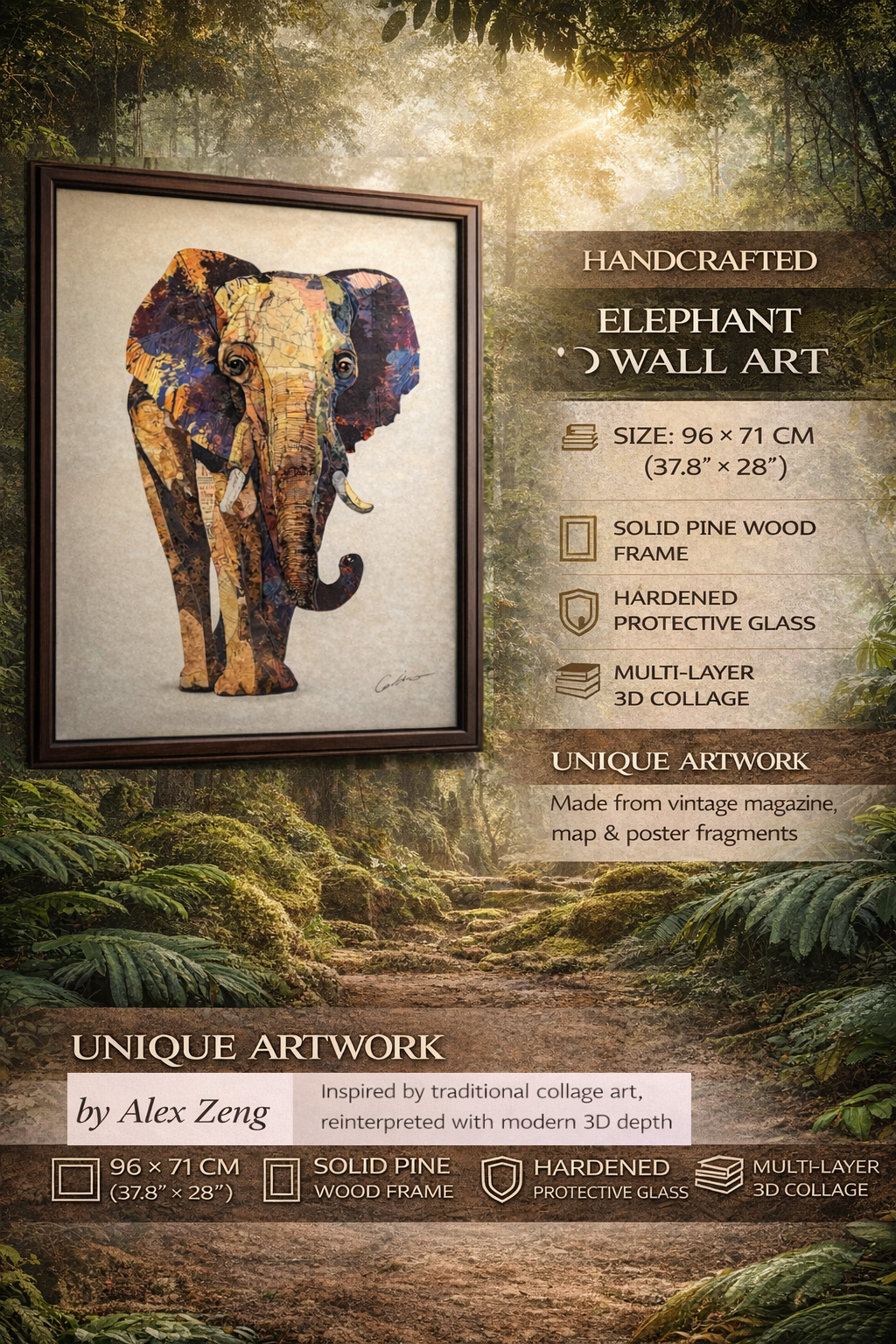 ROOGU Elephant's Memory Wall Picture Framed 3D Art Collage Living India Africa Exotic Framed