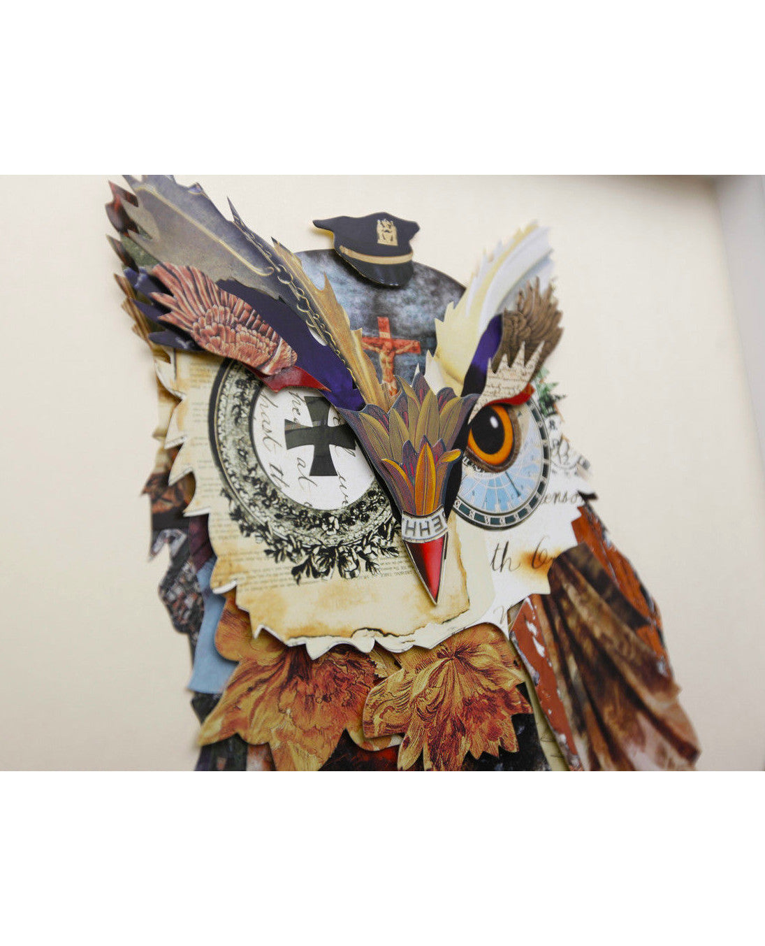 Œuvre d'art en 3D fait à la main * Collage Cadre Art Image Murale Hibou Lin Aigle Uniforme Militaire