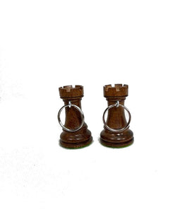 2x Keychain Acacia Wood Real Chess Piece Tower Rook Handmade India