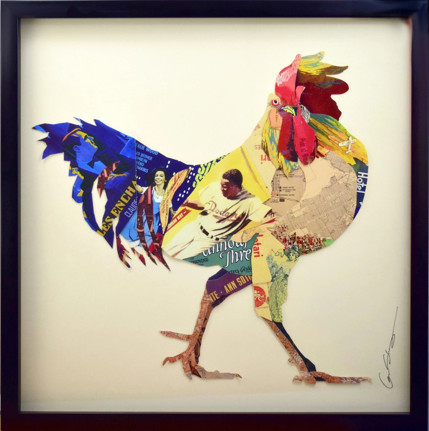 Collage de arte 3D enmarcado a mano, imagen de pared de gallo, lino de cocina.