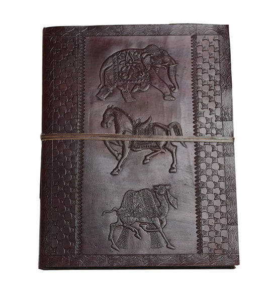 将图像上传到图库查看器，金色时光相册XXL皮革印度手工制古董大象马 

