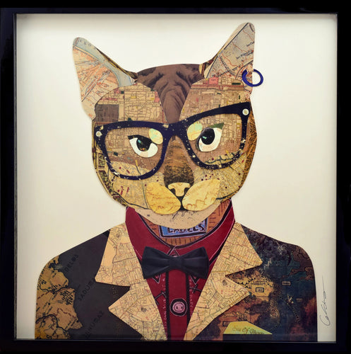 Cadre d'art mural 3D * Collage main œuvre chat lunettes costume salon