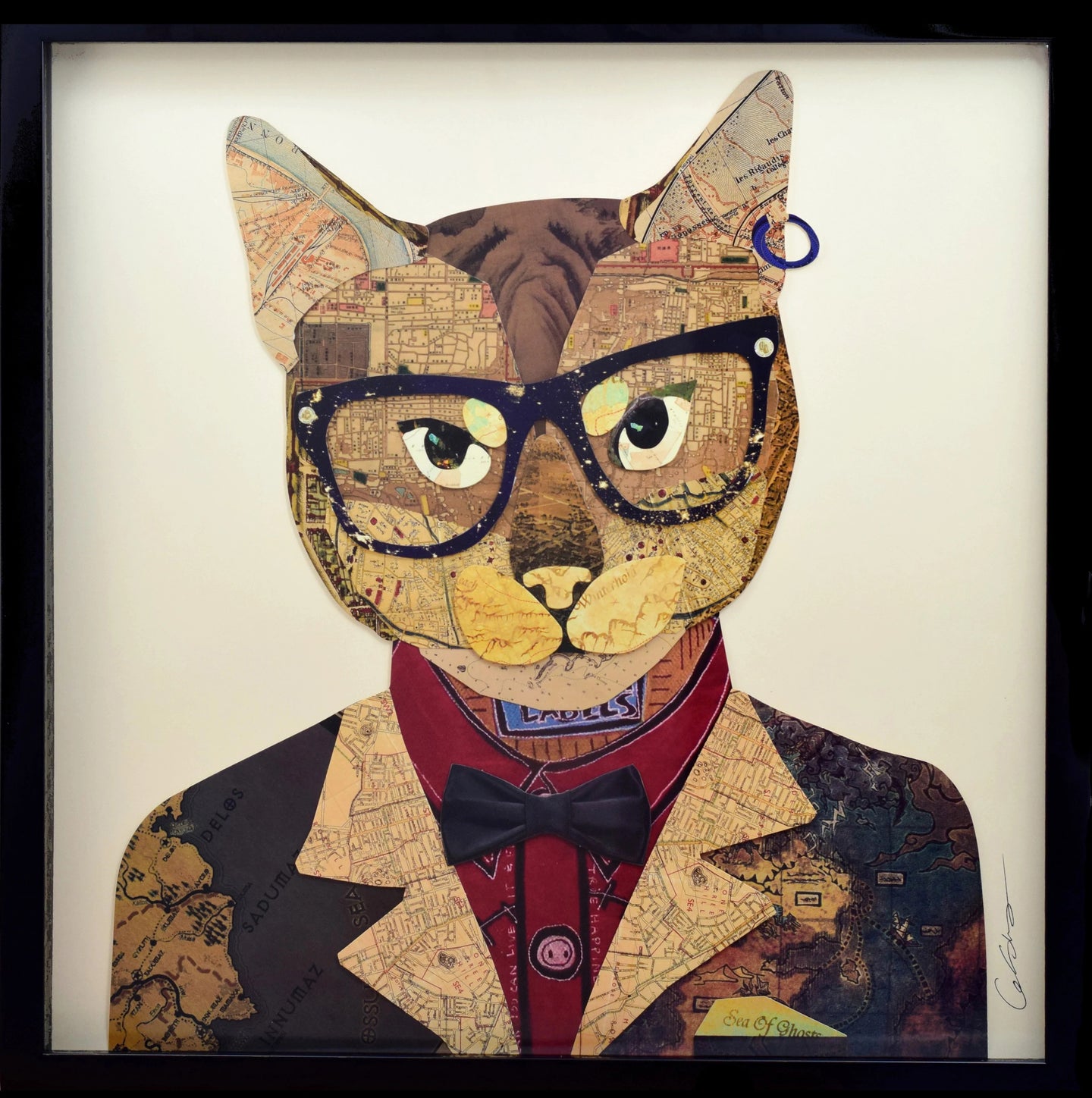 Rękodzieło 3D * Kolaż Collage sztuka Obramowany Obraz na ścianę Kot Okulary Garnitur Salon