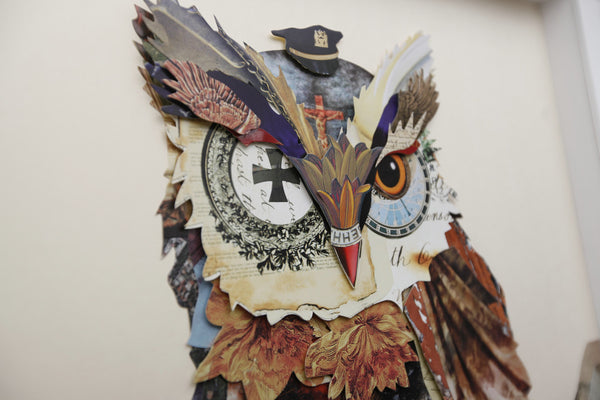 Sube la imagen al visor de la galería, Arte de collage 3D * Marco de arte de pared Imagen de búho Lino Águila Uniforme militar 
