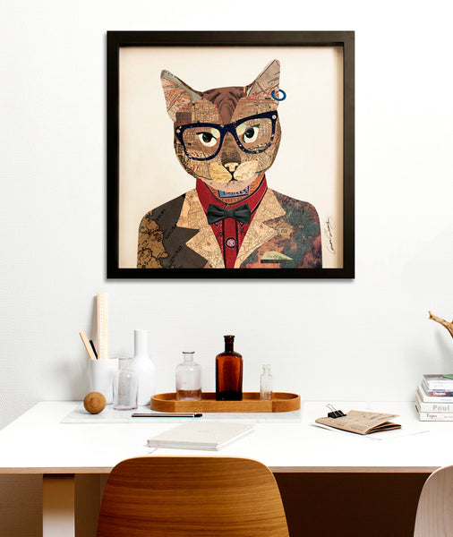 ギャラリービューアに画像をアップロードします、手作り3Dコラージュフレームアートピクチャー壁掛け猫眼鏡スーツリビングルーム 
