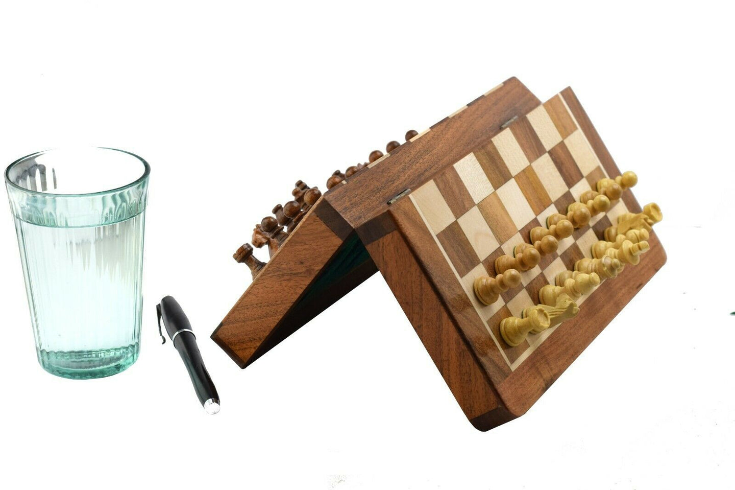 Zestaw szachowy podróżny magnetyczny 10 '' Drewno akacjowe Mini figury 1.75 '' Handmade